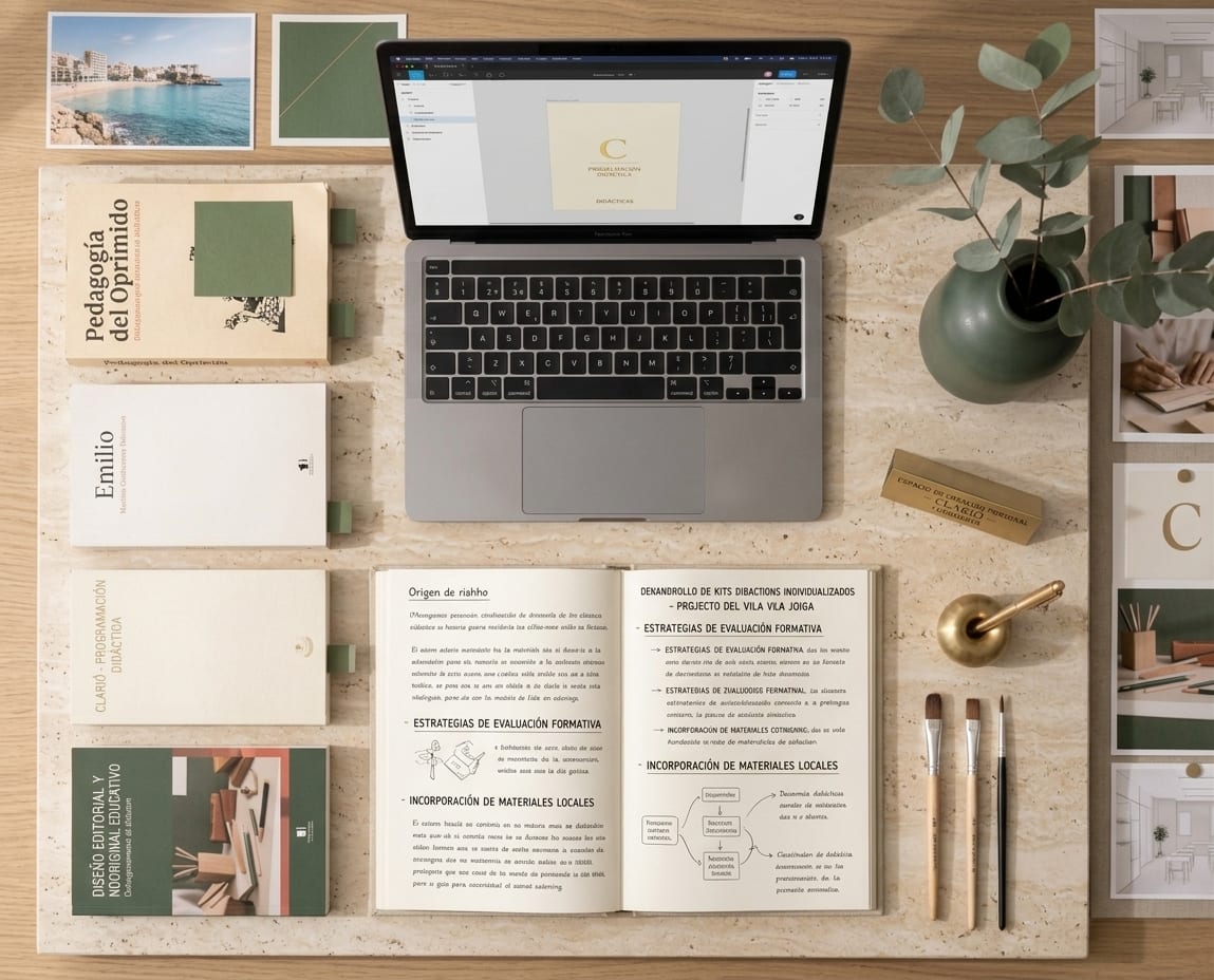 Mesa de trabajo de Clarió con el cuaderno de método abierto, el portátil y la documentación del proyecto