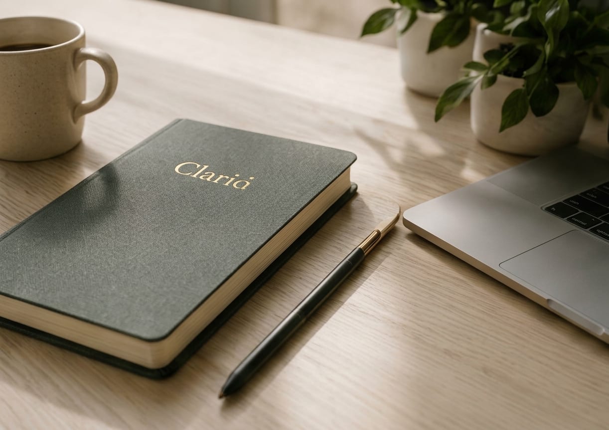 Cuaderno Clarió, bolígrafo y portátil sobre el escritorio de trabajo