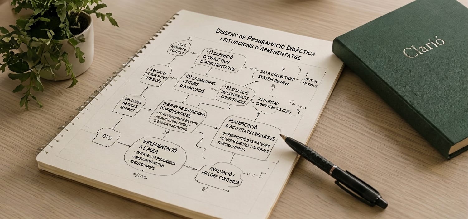 Esquema manuscrito del diseño de situaciones de aprendizaje junto al cuaderno Clarió