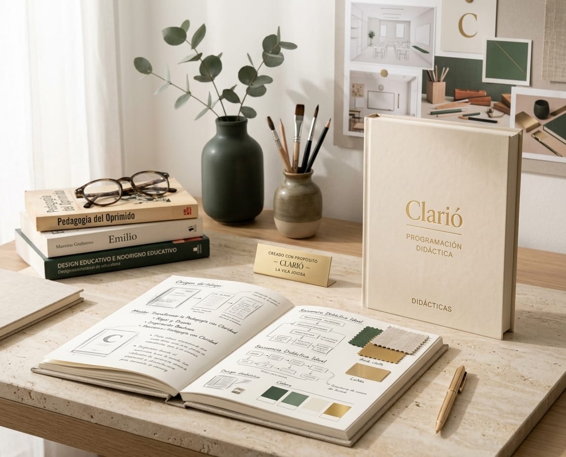 Mesa de trabajo de Clarió con el libro de programación didáctica, bocetos y muestras de color